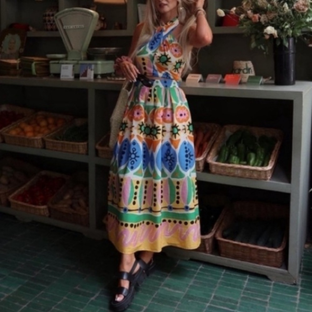 ZARA Colorful Cotton Abstract Batik African Print Pleated Maxi Skirt - Picture 13 of 13